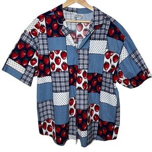 Vintage Strawberry Button Down Top Blouse Women 26W Plus Country Cotton Cottage